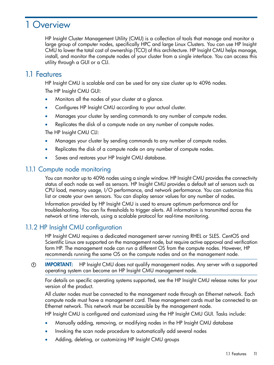 1 overview, 1 features, 1 compute node monitoring | 2 hp insight cmu configuration | HP Insight Cluster Management Utility User Manual | Page 11 / 191