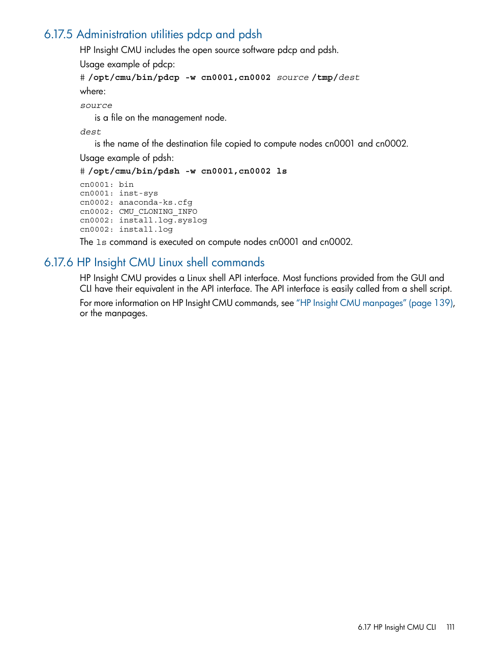 5 administration utilities pdcp and pdsh, 6 hp insight cmu linux shell commands | HP Insight Cluster Management Utility User Manual | Page 111 / 191