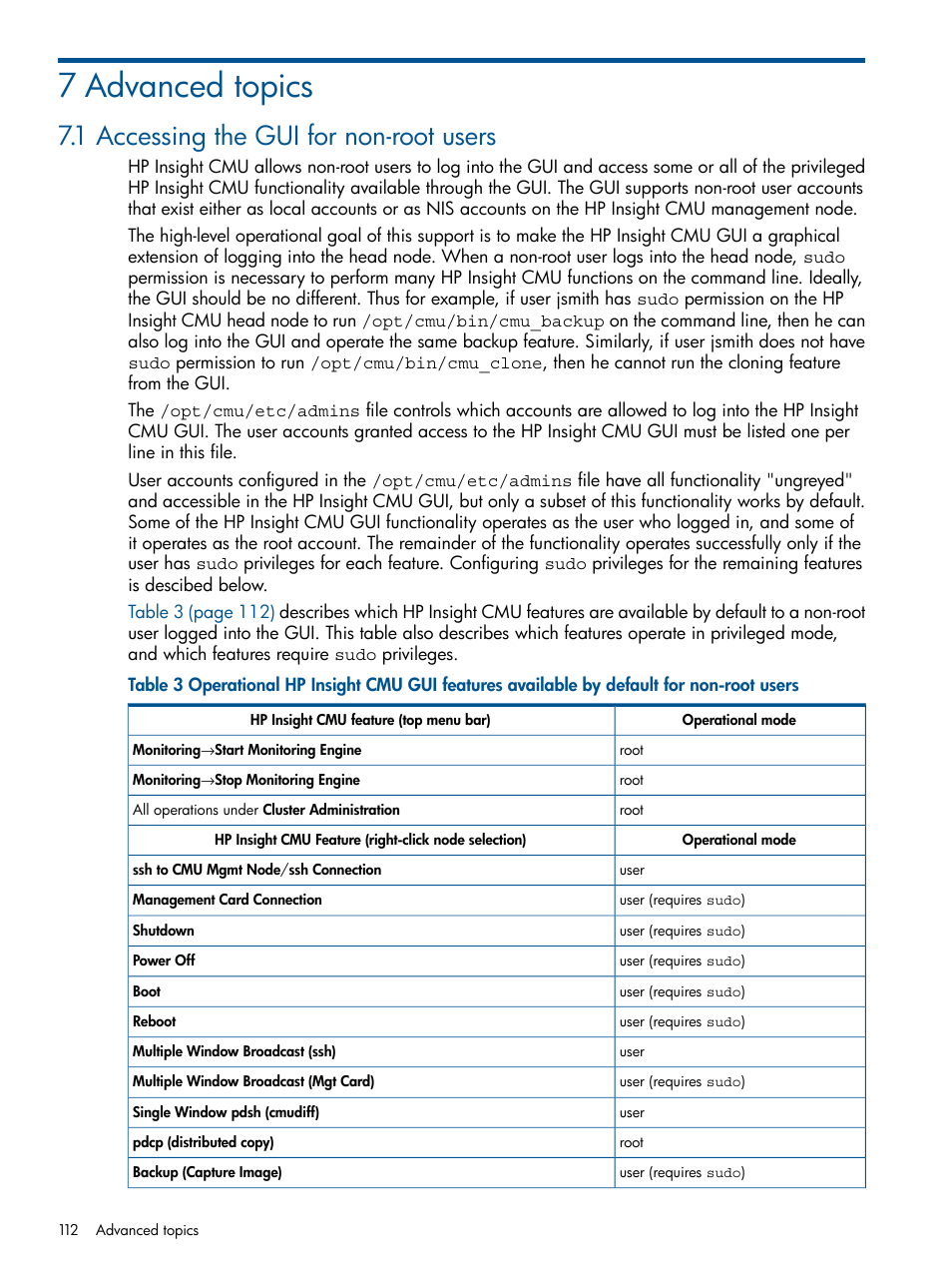 7 advanced topics, 1 accessing the gui for non-root users | HP Insight Cluster Management Utility User Manual | Page 112 / 191