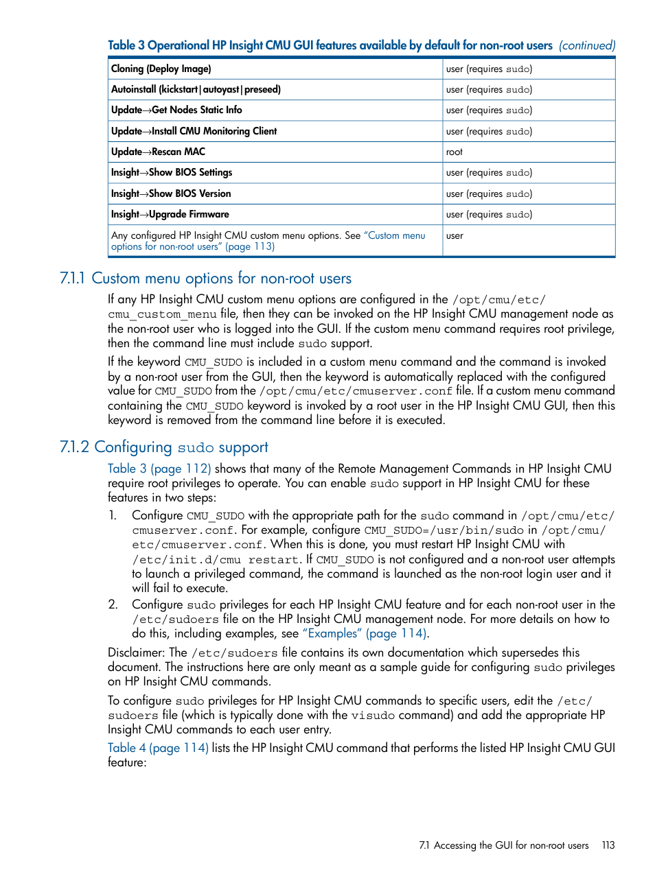 1 custom menu options for non-root users, 2 configuring sudo support | HP Insight Cluster Management Utility User Manual | Page 113 / 191