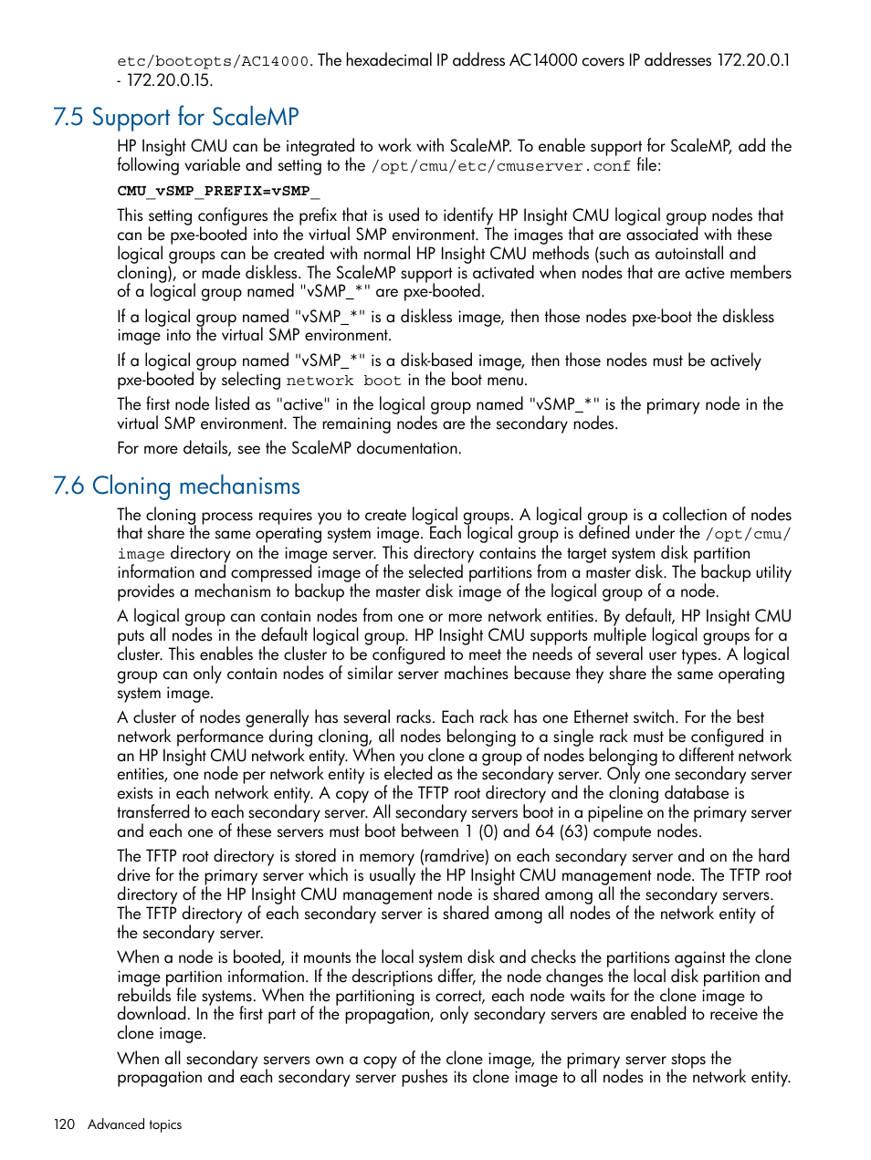 5 support for scalemp, 6 cloning mechanisms, 5 support for scalemp 7.6 cloning mechanisms | HP Insight Cluster Management Utility User Manual | Page 120 / 191