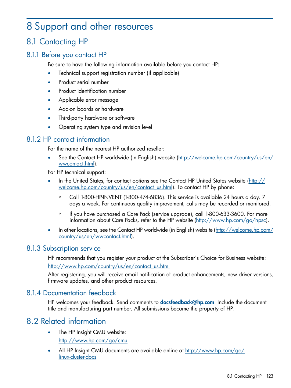 8 support and other resources, 1 contacting hp, 1 before you contact hp | 2 hp contact information, 3 subscription service, 4 documentation feedback, 2 related information | HP Insight Cluster Management Utility User Manual | Page 123 / 191