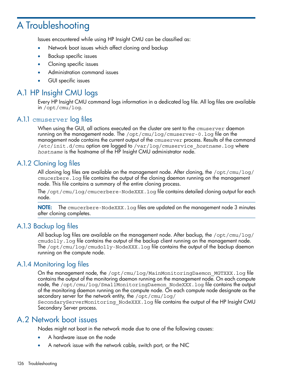 A troubleshooting, A.1 hp insight cmu logs, A.1.1 cmuserver log files | A.1.2 cloning log files, A.1.3 backup log files, A.1.4 monitoring log files, A.2 network boot issues | HP Insight Cluster Management Utility User Manual | Page 126 / 191