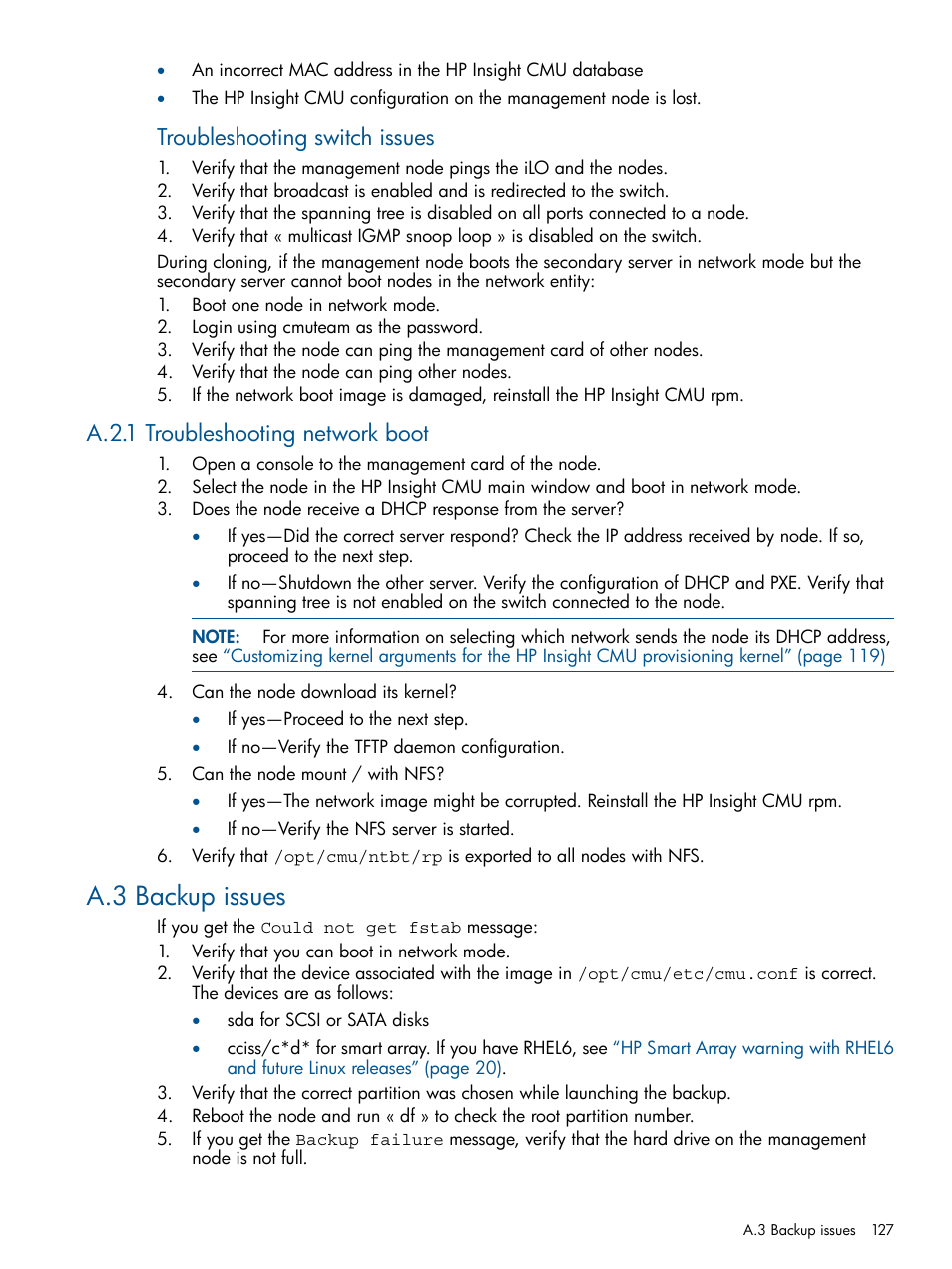 A.2.1 troubleshooting network boot, A.3 backup issues, Troubleshooting switch issues | HP Insight Cluster Management Utility User Manual | Page 127 / 191