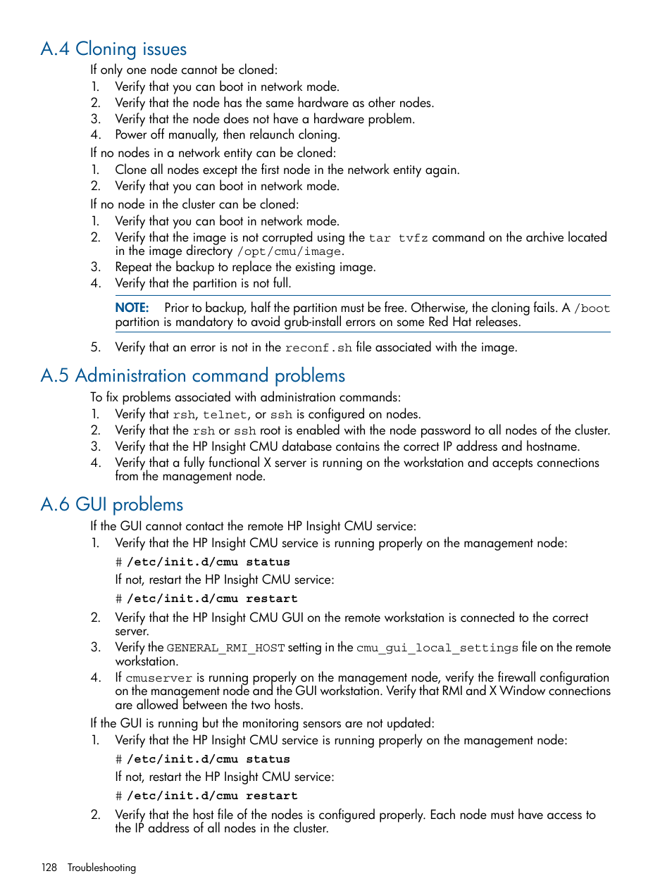 A.4 cloning issues, A.5 administration command problems, A.6 gui problems | HP Insight Cluster Management Utility User Manual | Page 128 / 191