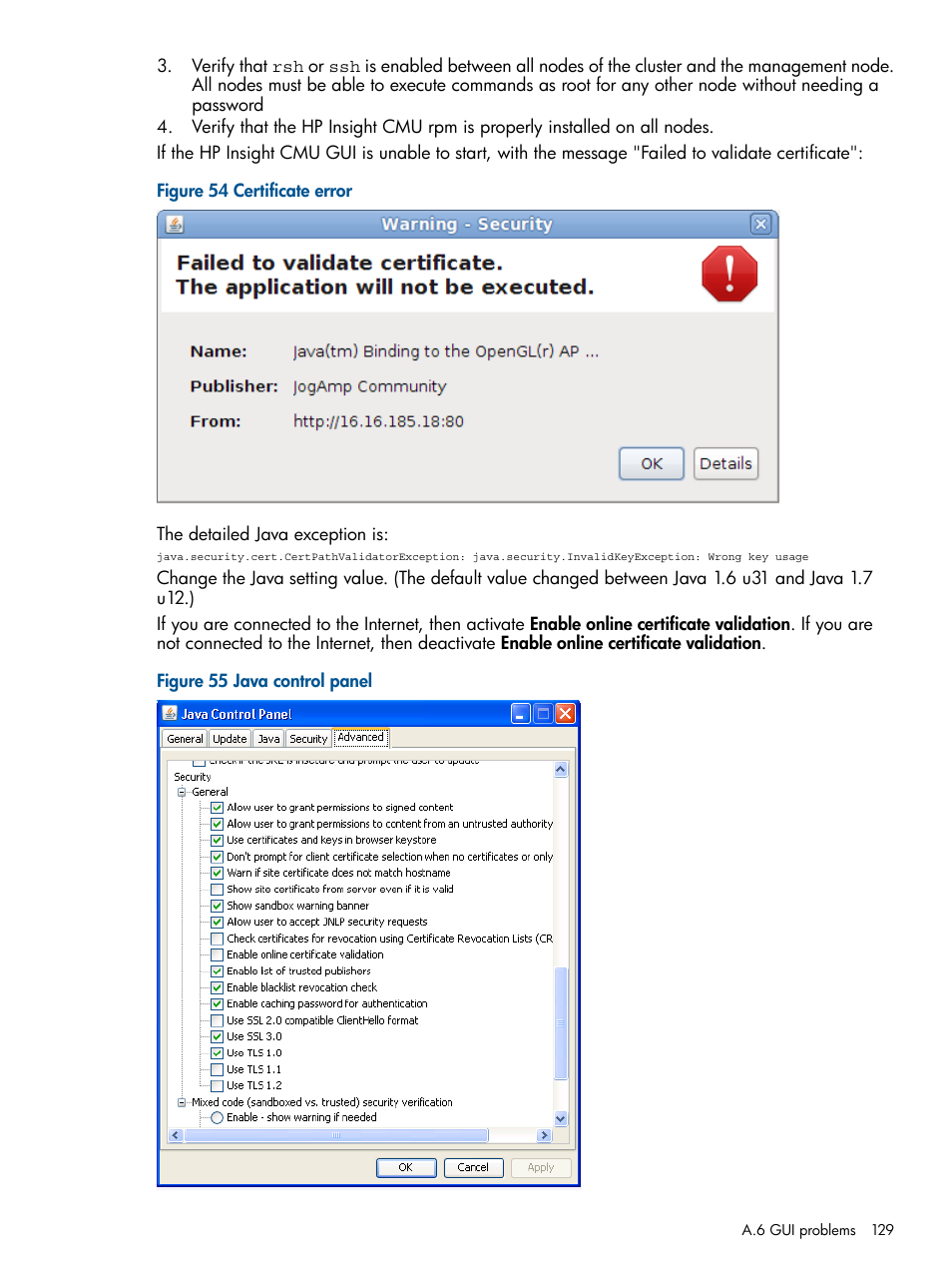 Certificate error, Java control panel | HP Insight Cluster Management Utility User Manual | Page 129 / 191