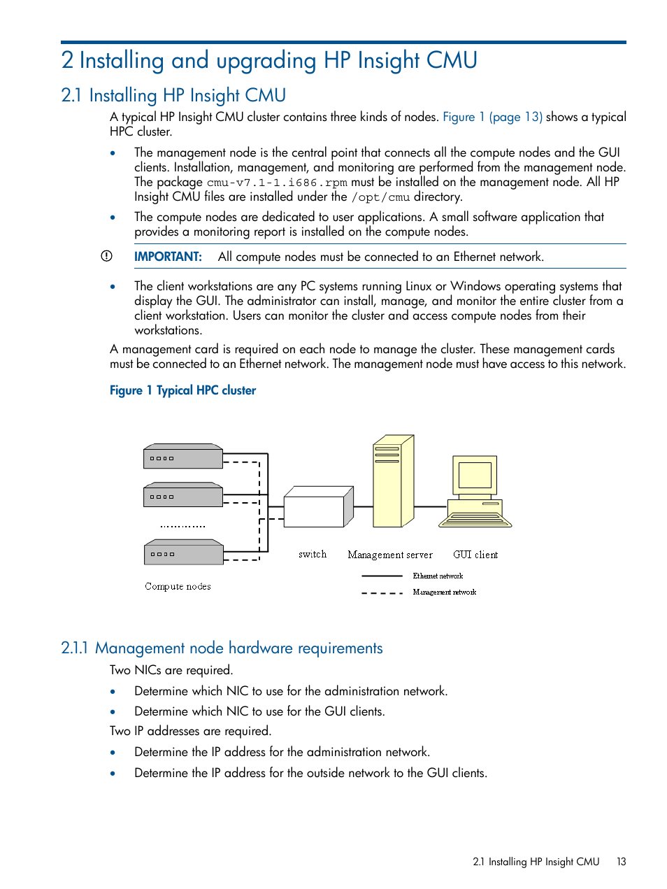 2 installing and upgrading hp insight cmu, 1 installing hp insight cmu, 1 management node hardware requirements | Typical hpc cluster | HP Insight Cluster Management Utility User Manual | Page 13 / 191