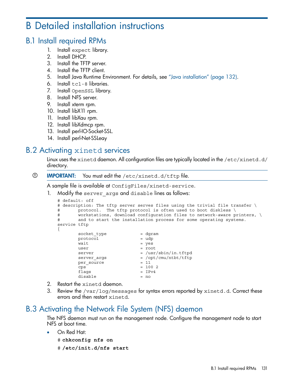 B detailed installation instructions, B.1 install required rpms, B.2 activating xinetd services | Detailed installation instructions, Detailed installation | HP Insight Cluster Management Utility User Manual | Page 131 / 191