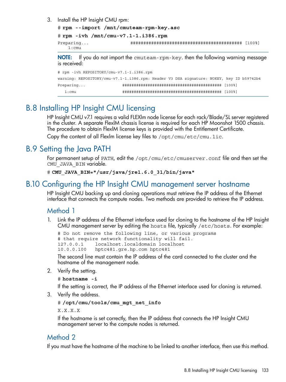 B.8 installing hp insight cmu licensing, B.9 setting the java path, Installing | Method 1, Method 2 | HP Insight Cluster Management Utility User Manual | Page 133 / 191