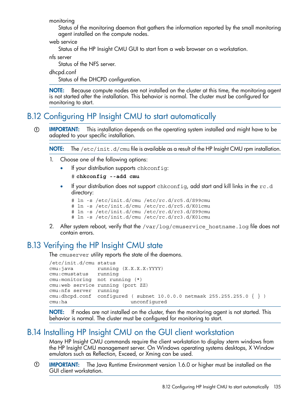 B.13 verifying the hp insight cmu state, Installing hp insight | HP Insight Cluster Management Utility User Manual | Page 135 / 191