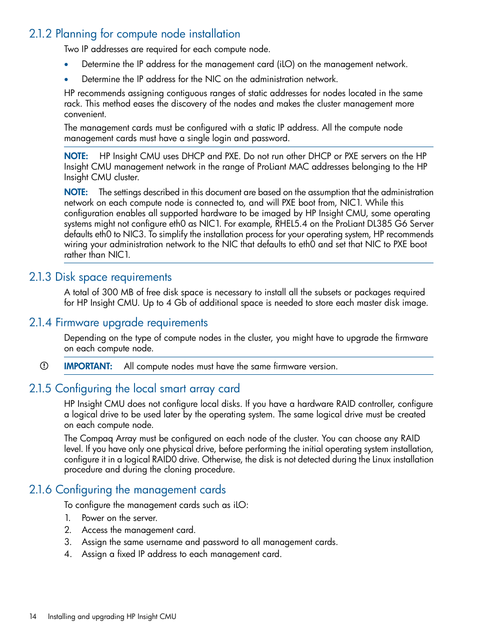 2 planning for compute node installation, 3 disk space requirements, 4 firmware upgrade requirements | 5 configuring the local smart array card, 6 configuring the management cards | HP Insight Cluster Management Utility User Manual | Page 14 / 191