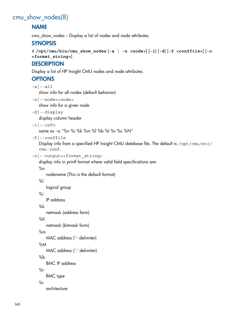 Cmu_show_nodes(8), Name, Synopsis | Description, Options | HP Insight Cluster Management Utility User Manual | Page 140 / 191