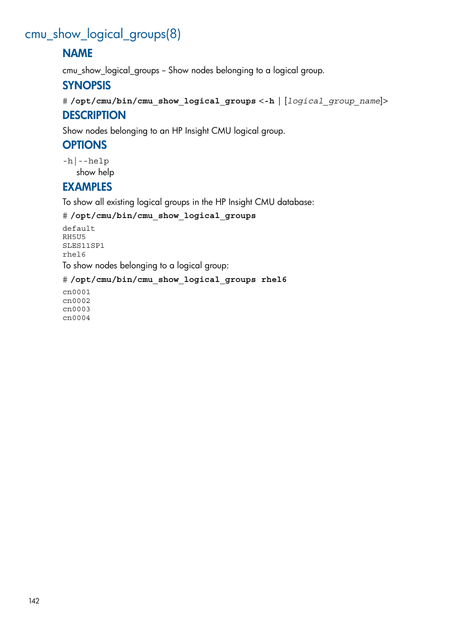 Cmu_show_logical_groups(8), Name, Synopsis | Description, Options, Examples | HP Insight Cluster Management Utility User Manual | Page 142 / 191