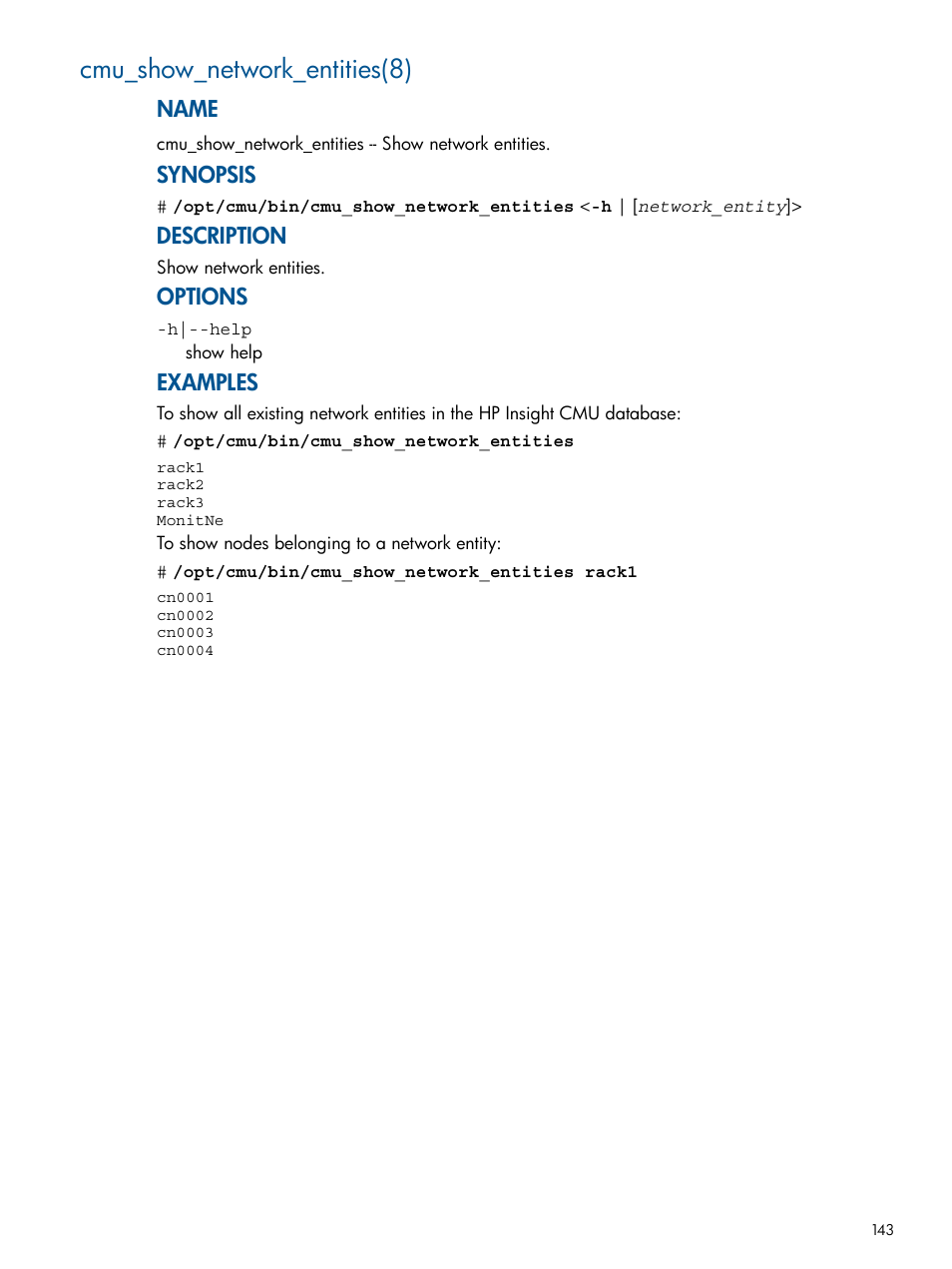 Cmu_show_network_entities(8), Name, Synopsis | Description, Options, Examples | HP Insight Cluster Management Utility User Manual | Page 143 / 191