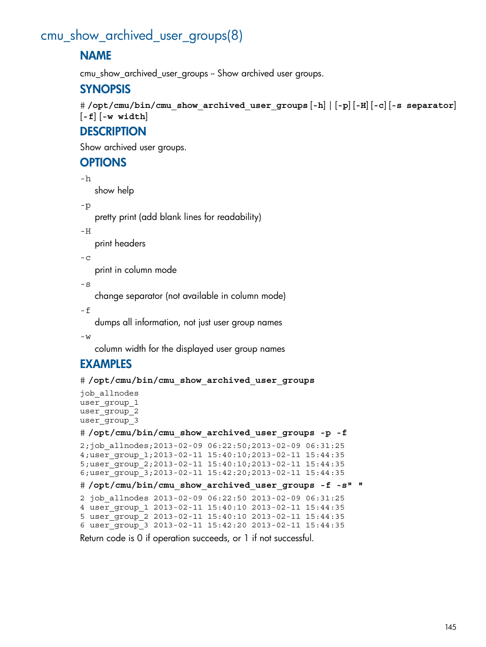 Cmu_show_archived_user_groups(8), Name, Synopsis | Description, Options, Examples | HP Insight Cluster Management Utility User Manual | Page 145 / 191