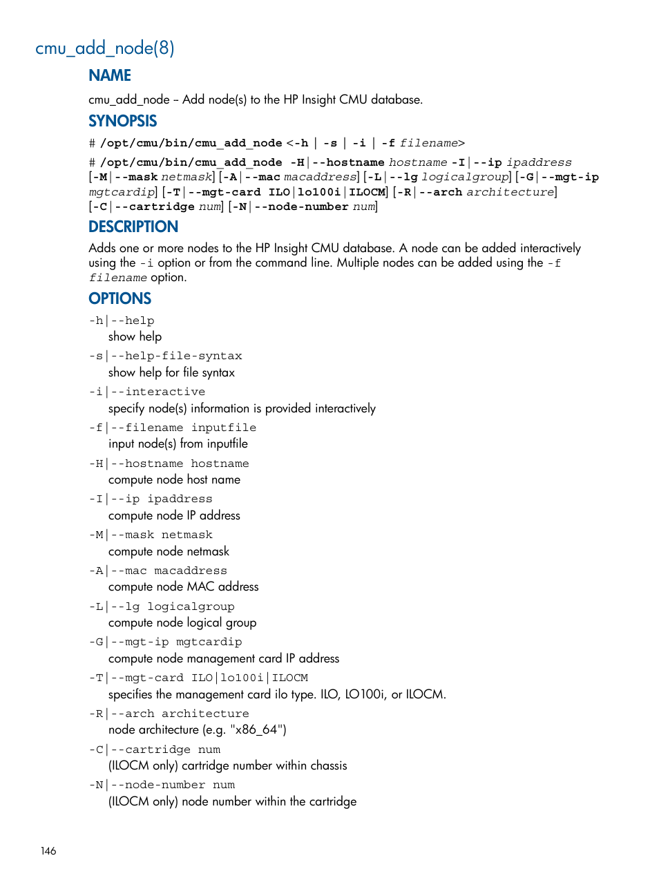 Cmu_add_node(8), Name, Synopsis | Description, Options | HP Insight Cluster Management Utility User Manual | Page 146 / 191