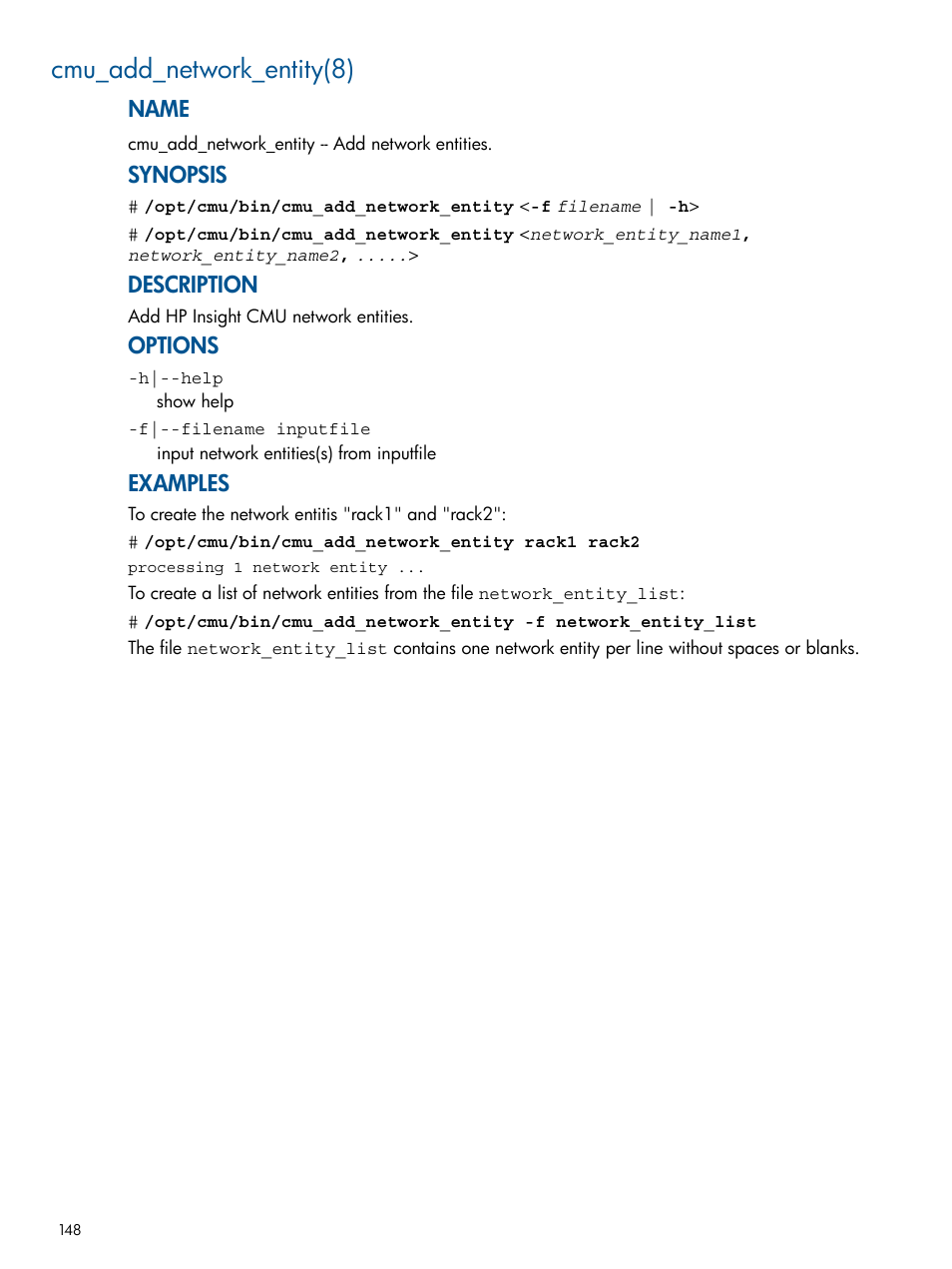 Cmu_add_network_entity(8), Name, Synopsis | Description, Options, Examples | HP Insight Cluster Management Utility User Manual | Page 148 / 191