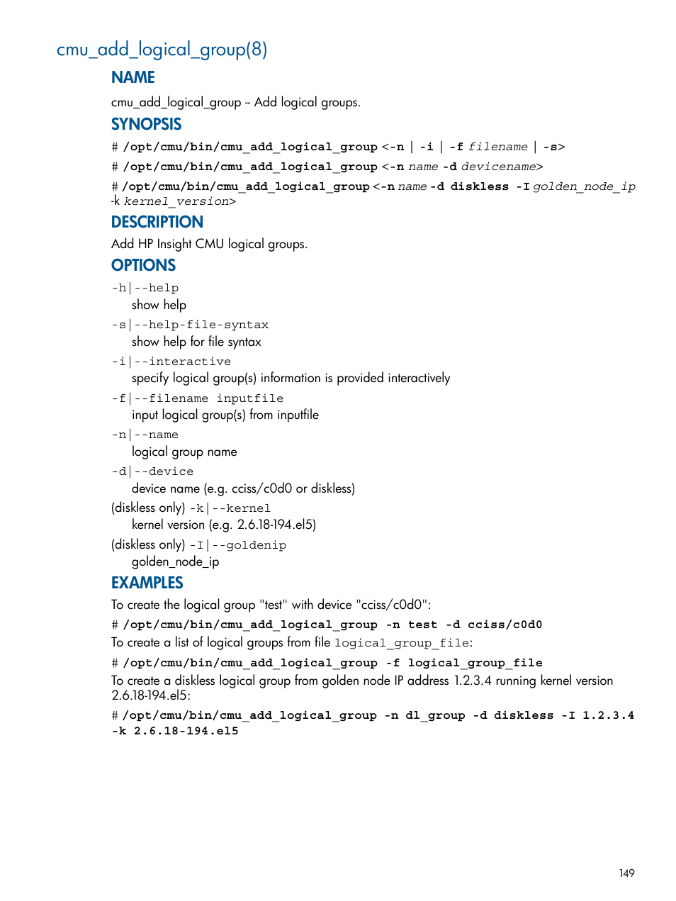 Cmu_add_logical_group(8), Name, Synopsis | Description, Options, Examples | HP Insight Cluster Management Utility User Manual | Page 149 / 191