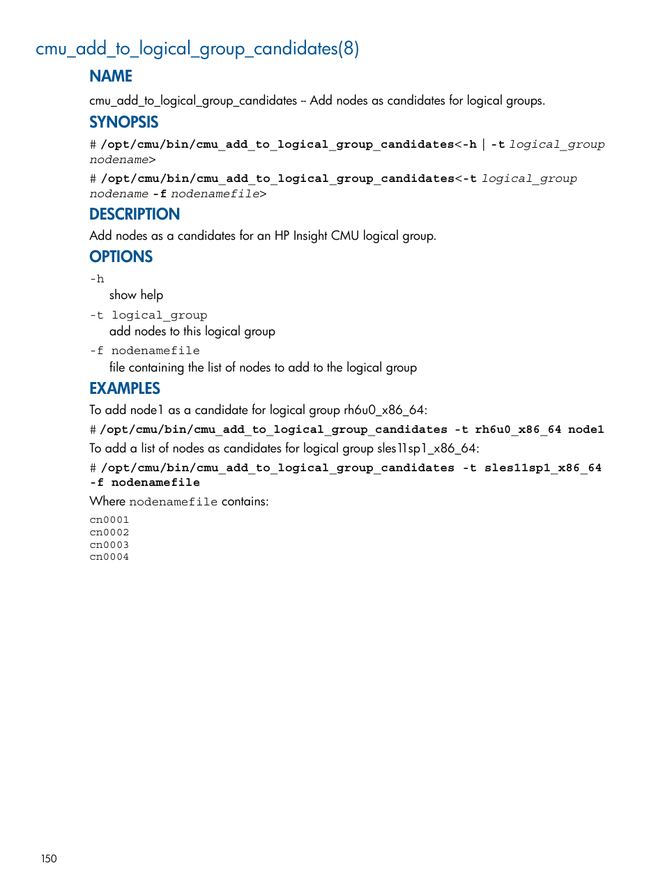 Cmu_add_to_logical_group_candidates(8), Name, Synopsis | Description, Options, Examples | HP Insight Cluster Management Utility User Manual | Page 150 / 191