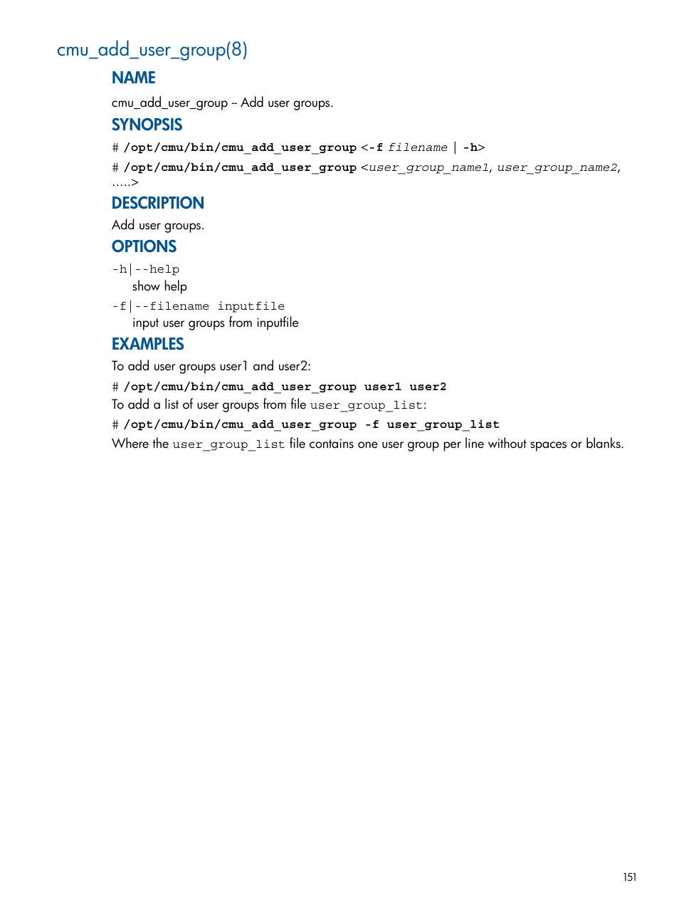 Cmu_add_user_group(8), Name, Synopsis | Description, Options, Examples | HP Insight Cluster Management Utility User Manual | Page 151 / 191