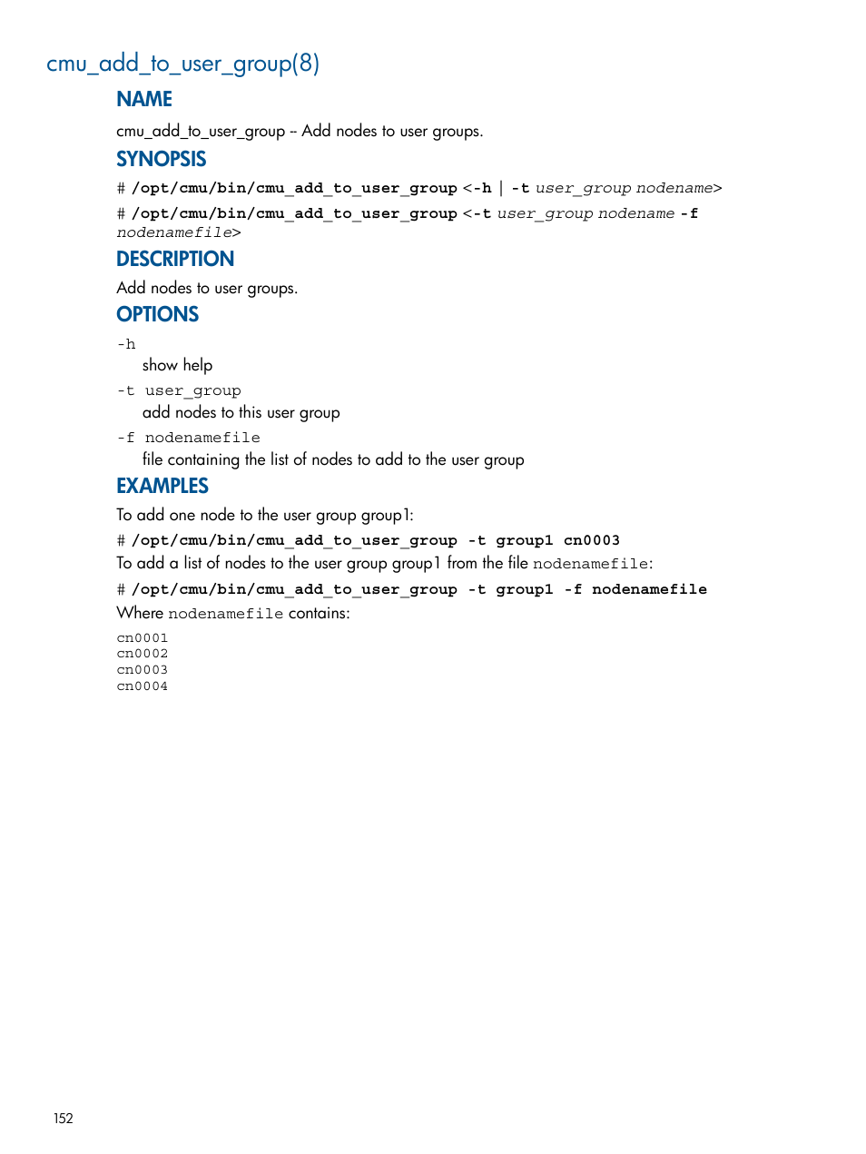 Cmu_add_to_user_group(8), Name, Synopsis | Description, Options, Examples | HP Insight Cluster Management Utility User Manual | Page 152 / 191