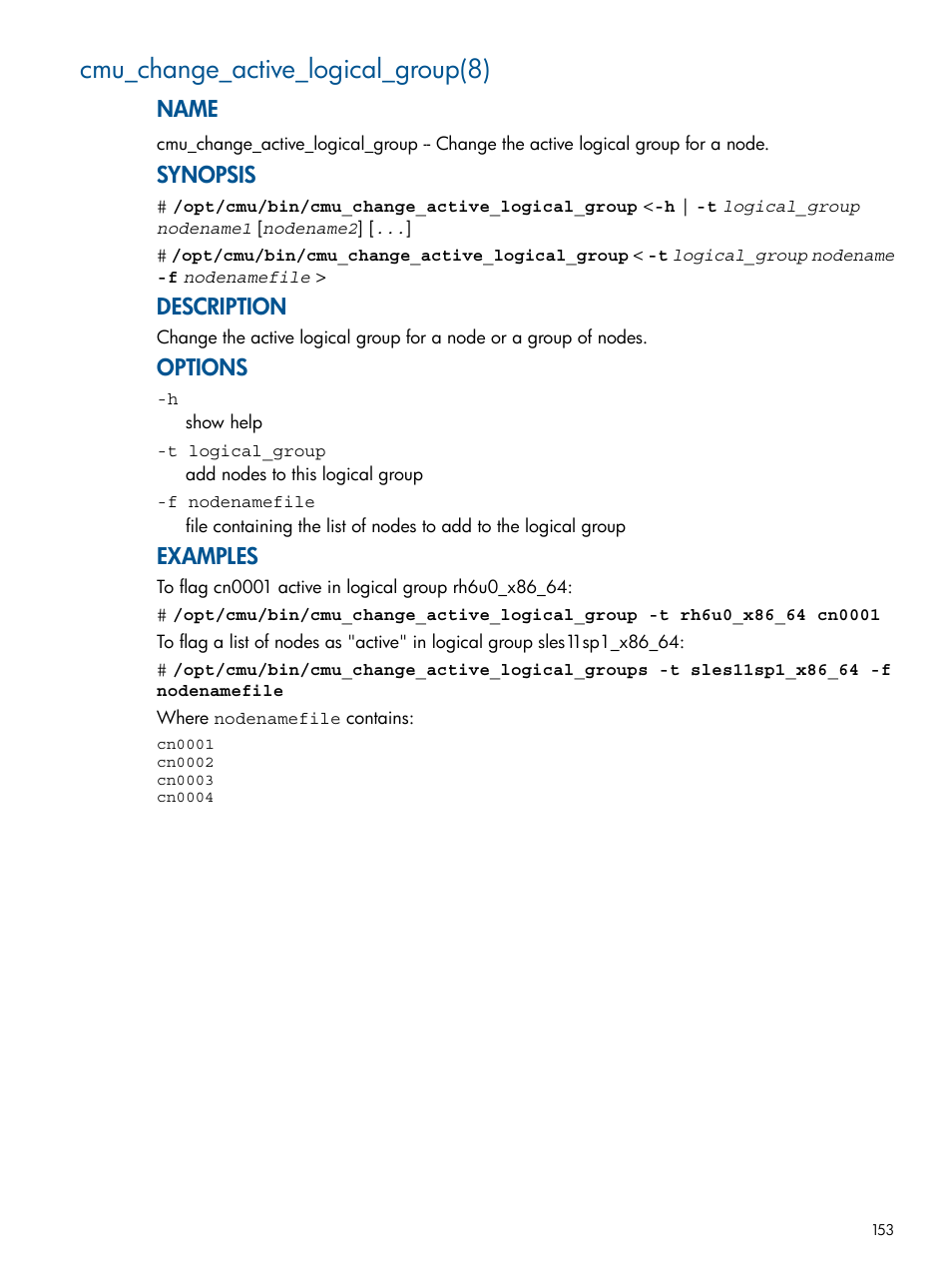 Cmu_change_active_logical_group(8), Name, Synopsis | Description, Options, Examples | HP Insight Cluster Management Utility User Manual | Page 153 / 191