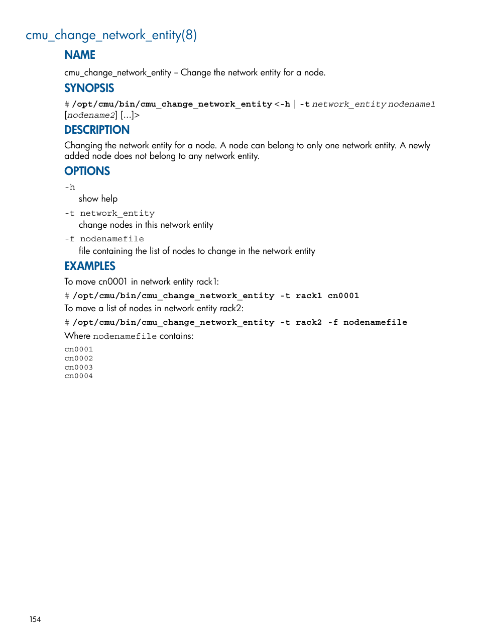 Cmu_change_network_entity(8), Name, Synopsis | Description, Options, Examples | HP Insight Cluster Management Utility User Manual | Page 154 / 191