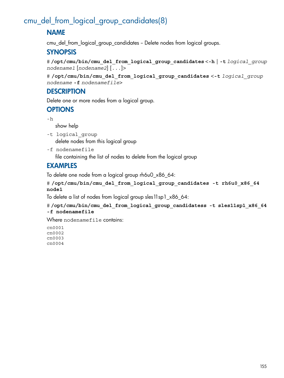 Cmu_del_from_logical_group_candidates(8), Name, Synopsis | Description, Options, Examples | HP Insight Cluster Management Utility User Manual | Page 155 / 191