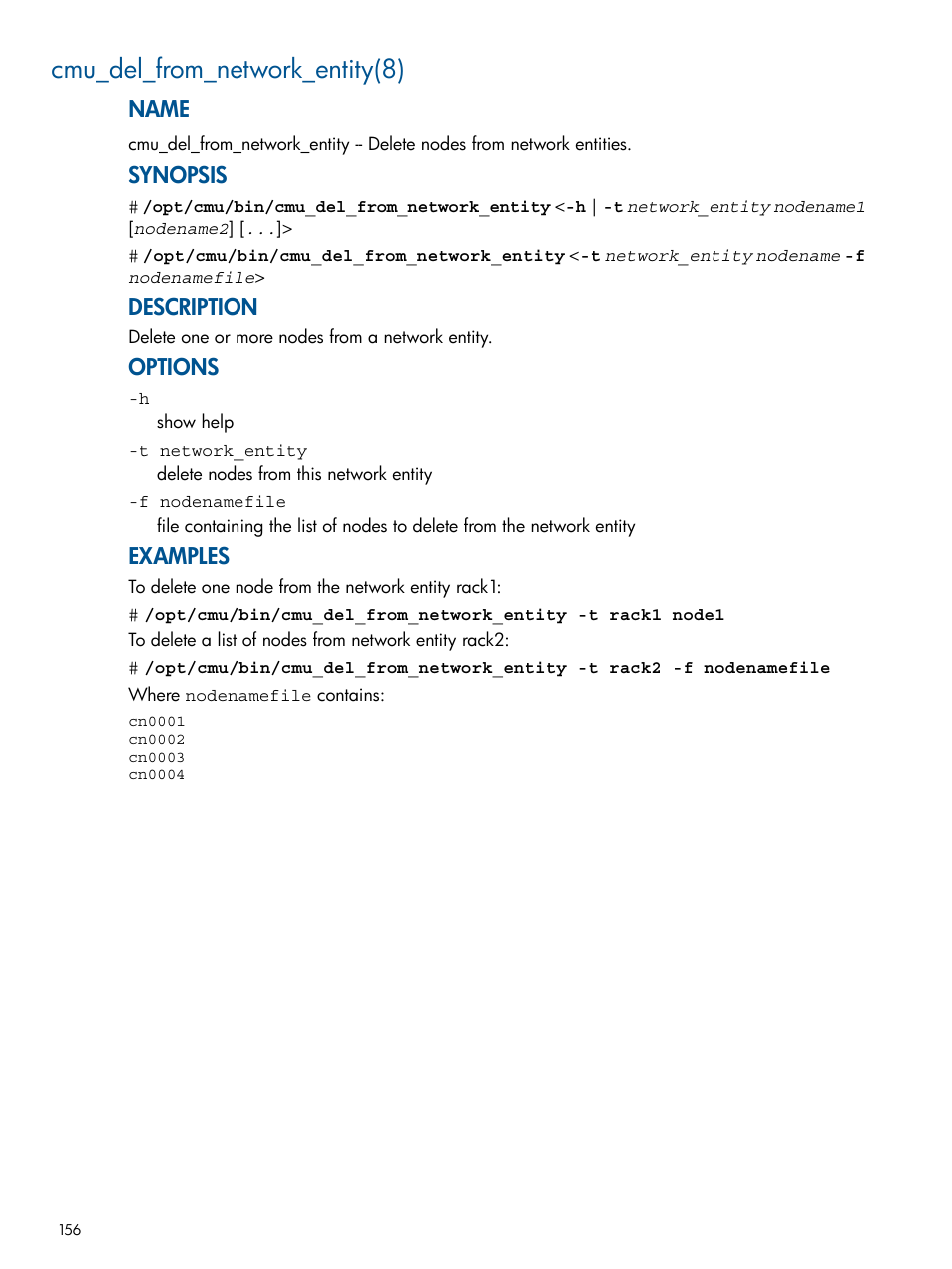 Cmu_del_from_network_entity(8), Name, Synopsis | Description, Options, Examples | HP Insight Cluster Management Utility User Manual | Page 156 / 191