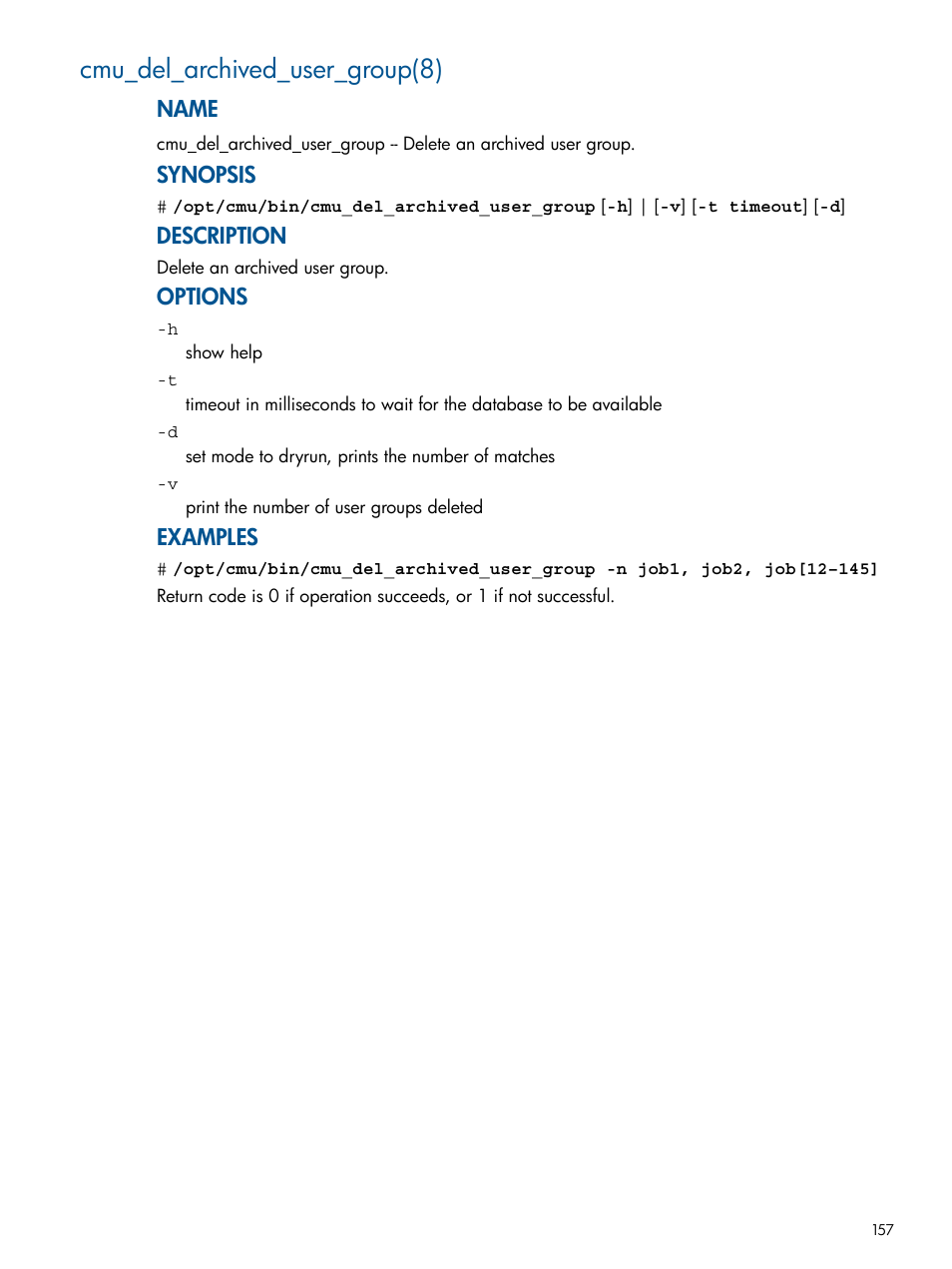 Cmu_del_archived_user_group(8), Name, Synopsis | Description, Options, Examples | HP Insight Cluster Management Utility User Manual | Page 157 / 191