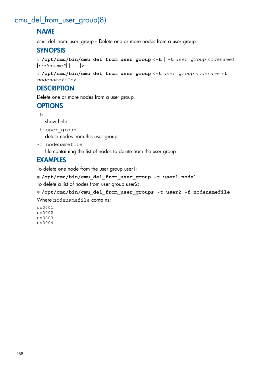 Cmu_del_from_user_group(8), Name, Synopsis | Description, Options, Examples | HP Insight Cluster Management Utility User Manual | Page 158 / 191