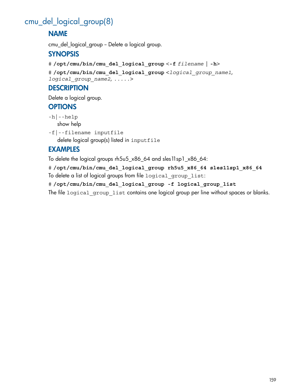 Cmu_del_logical_group(8), Name, Synopsis | Description, Options, Examples | HP Insight Cluster Management Utility User Manual | Page 159 / 191
