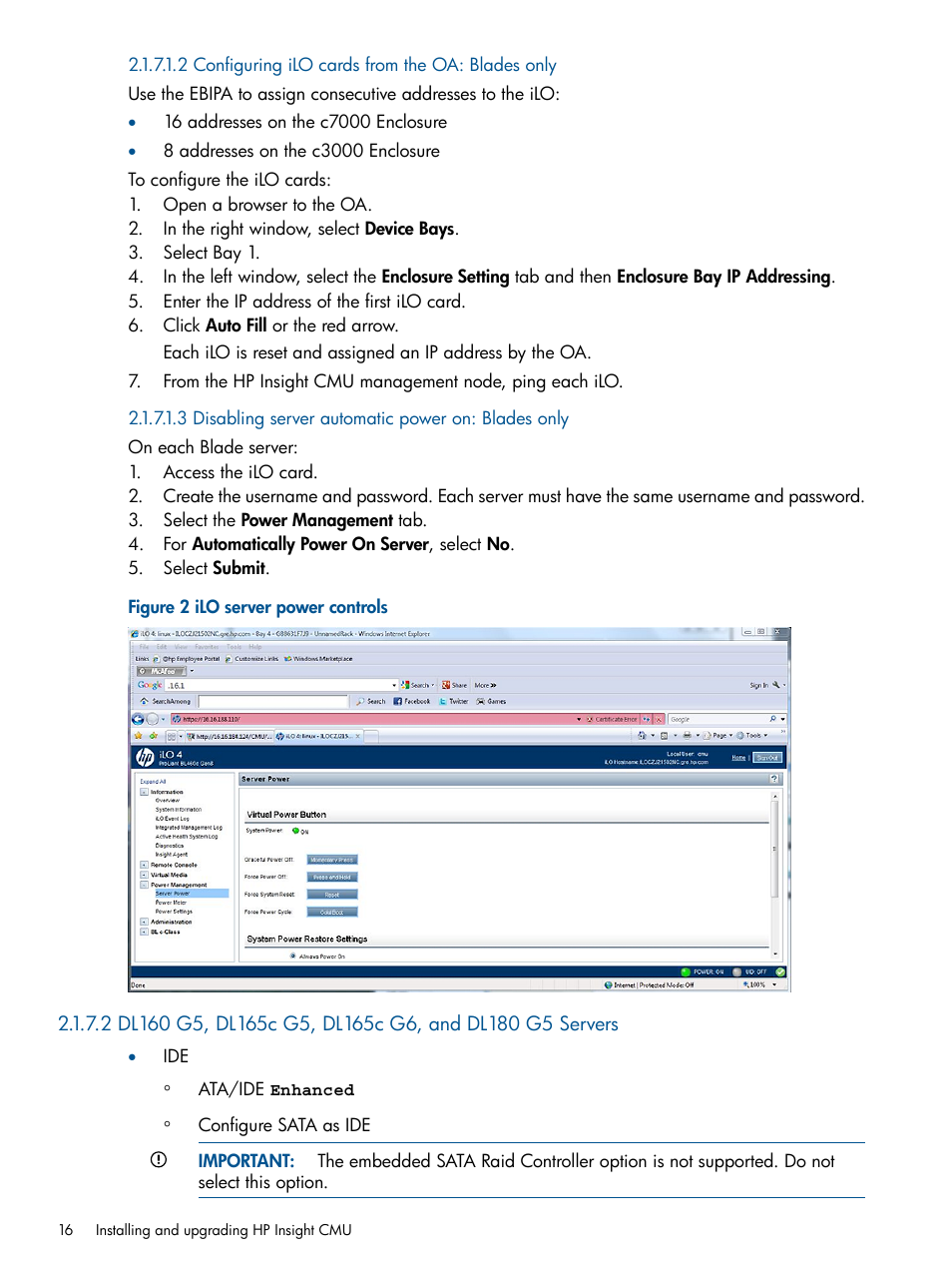 2 configuring ilo cards from the oa: blades only, 3 disabling server automatic power on: blades only, Ilo server power controls | Configuring ilo cards from the oa: blades only, Disabling | HP Insight Cluster Management Utility User Manual | Page 16 / 191