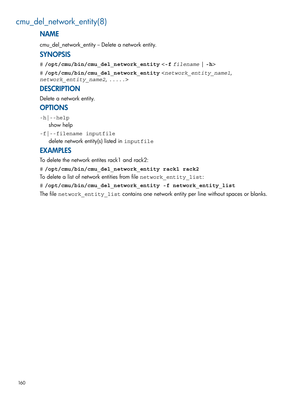 Cmu_del_network_entity(8), Name, Synopsis | Description, Options, Examples | HP Insight Cluster Management Utility User Manual | Page 160 / 191