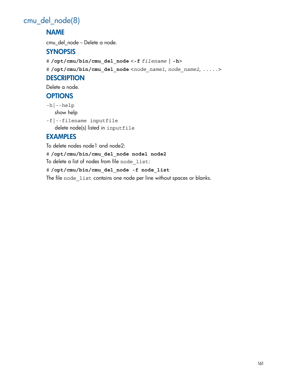 Cmu_del_node(8), Name, Synopsis | Description, Options, Examples | HP Insight Cluster Management Utility User Manual | Page 161 / 191