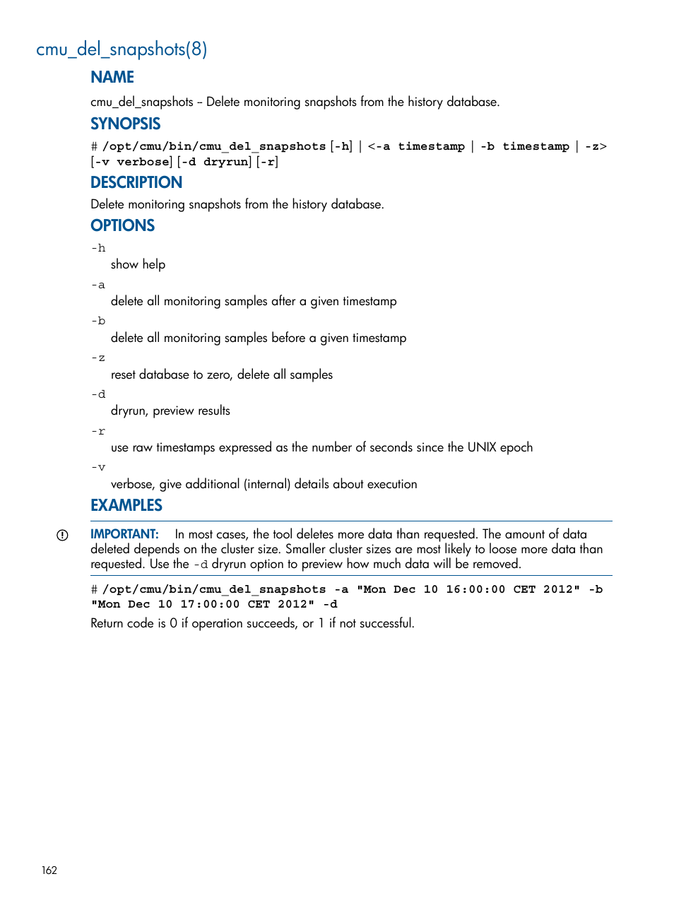 Cmu_del_snapshots(8), Name, Synopsis | Description, Options, Examples | HP Insight Cluster Management Utility User Manual | Page 162 / 191