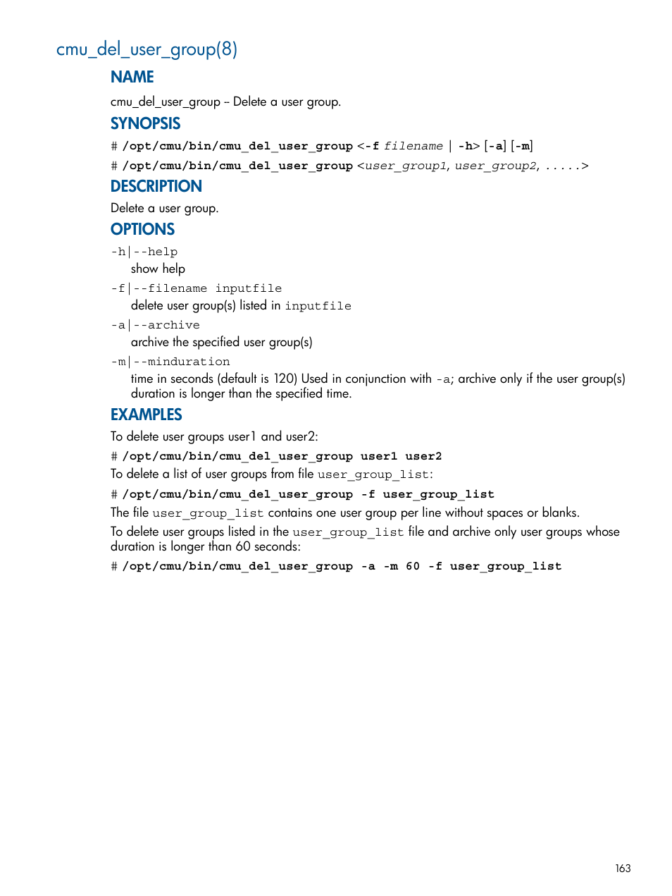 Cmu_del_user_group(8), Name, Synopsis | Description, Options, Examples | HP Insight Cluster Management Utility User Manual | Page 163 / 191