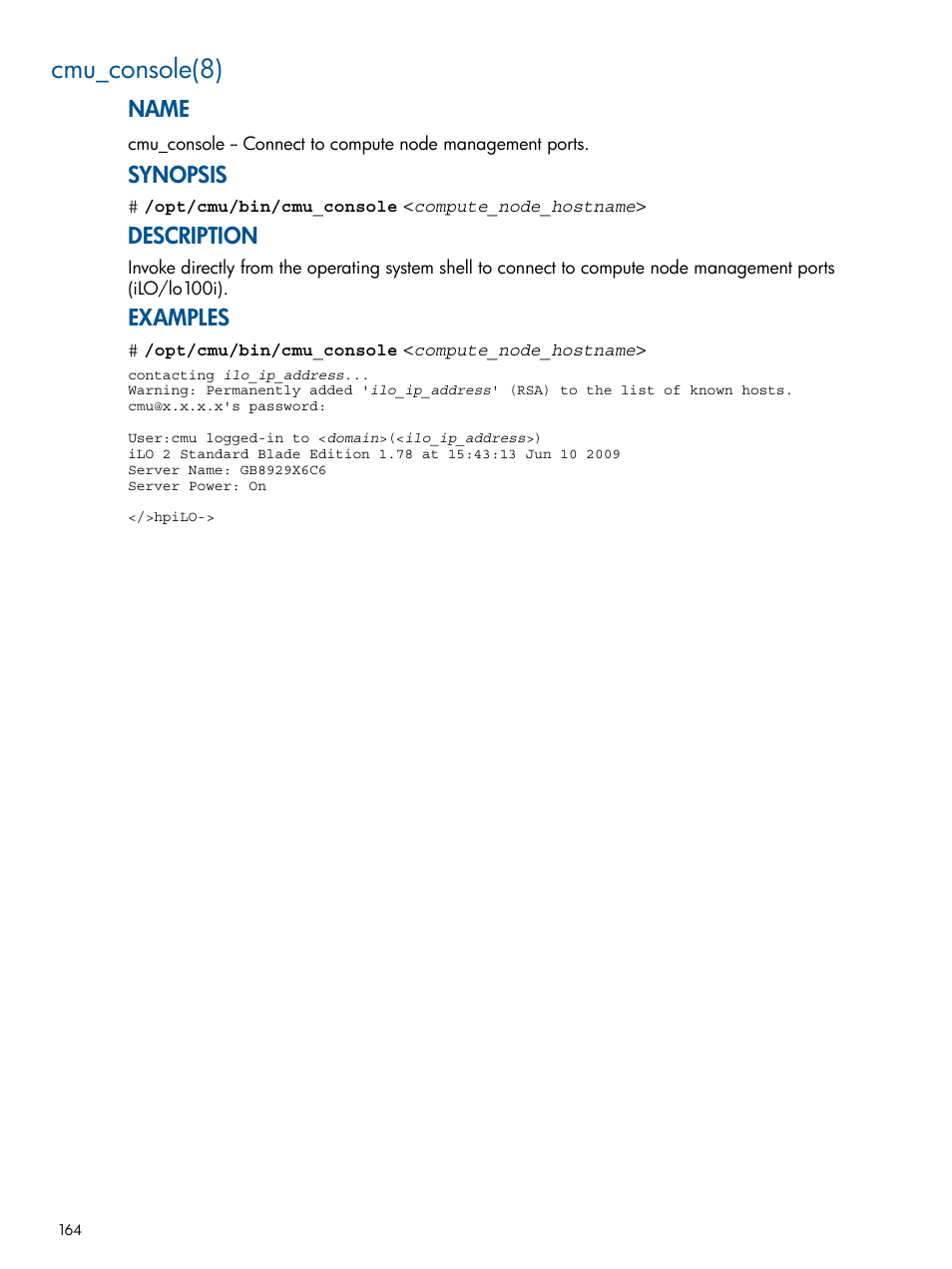 Cmu_console(8), Name, Synopsis | Description, Examples | HP Insight Cluster Management Utility User Manual | Page 164 / 191