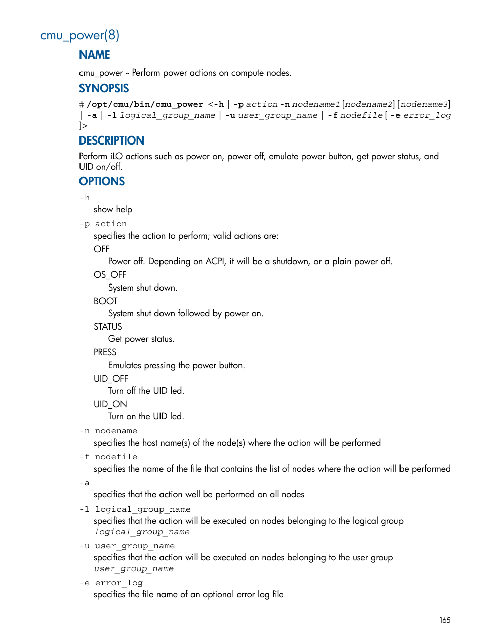 Cmu_power(8), Name, Synopsis | Description, Options | HP Insight Cluster Management Utility User Manual | Page 165 / 191