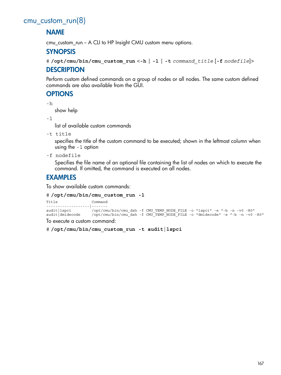 Cmu_custom_run(8), Name, Synopsis | Description, Options, Examples | HP Insight Cluster Management Utility User Manual | Page 167 / 191