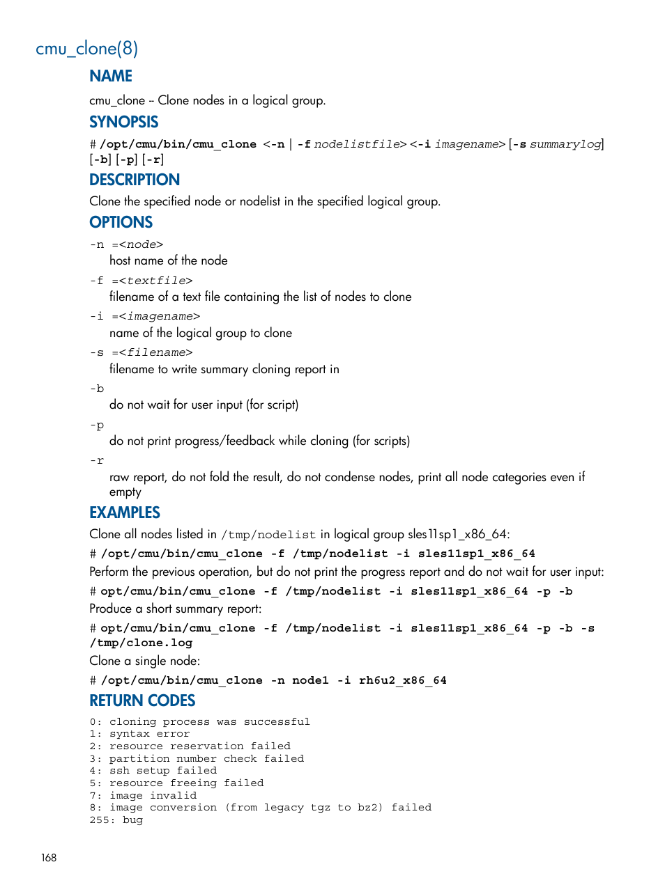 Cmu_clone(8), Name, Synopsis | Description, Options, Examples, Return codes | HP Insight Cluster Management Utility User Manual | Page 168 / 191