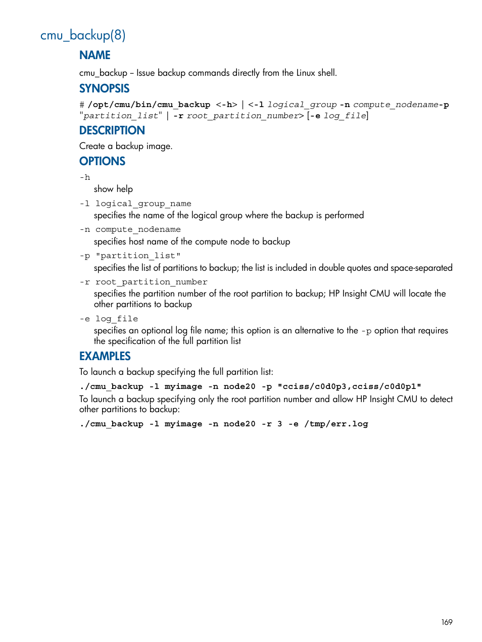 Cmu_backup(8), Name, Synopsis | Description, Options, Examples | HP Insight Cluster Management Utility User Manual | Page 169 / 191