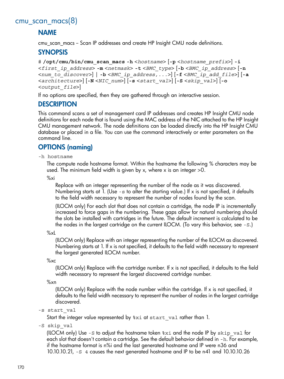 Cmu_scan_macs(8), Name, Synopsis | Description, Options (naming) | HP Insight Cluster Management Utility User Manual | Page 170 / 191