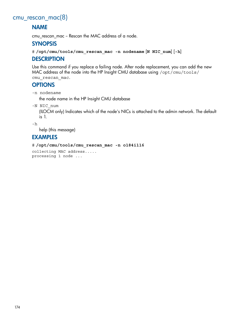 Cmu_rescan_mac(8), Name, Synopsis | Description, Options, Examples | HP Insight Cluster Management Utility User Manual | Page 174 / 191