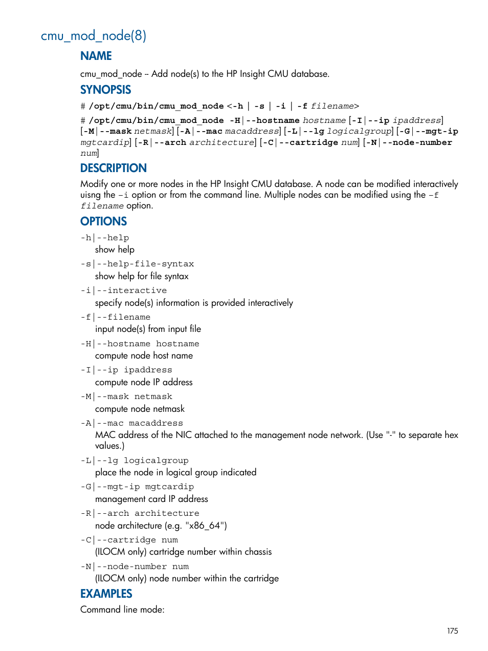 Cmu_mod_node(8), Name, Synopsis | Description, Options, Examples | HP Insight Cluster Management Utility User Manual | Page 175 / 191