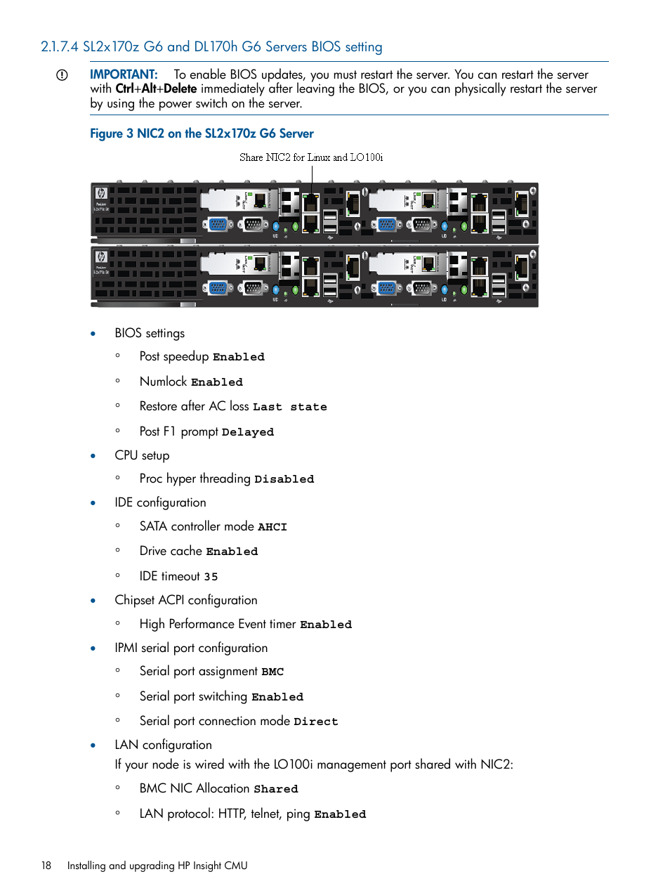 4 sl2x170z g6 and dl170h g6 servers bios setting, Nic2 on the sl2x170z g6 server | HP Insight Cluster Management Utility User Manual | Page 18 / 191