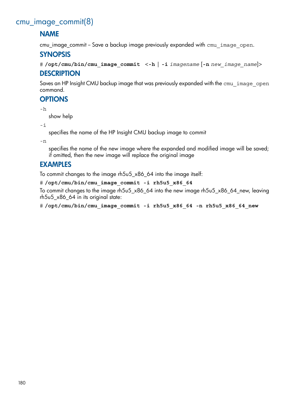 Cmu_image_commit(8), Name, Synopsis | Description, Options, Examples | HP Insight Cluster Management Utility User Manual | Page 180 / 191