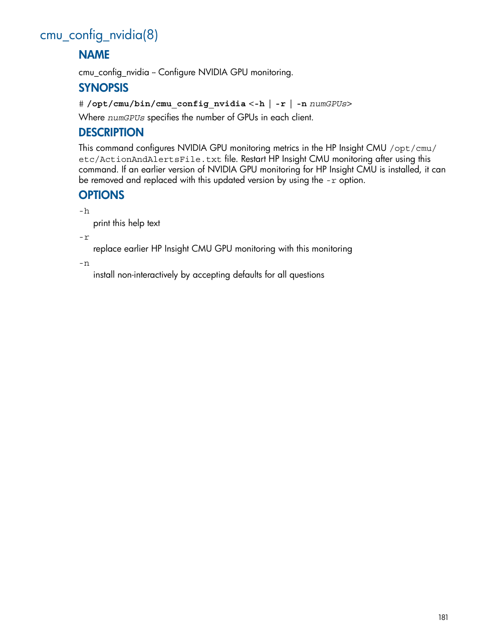 Cmu_config_nvidia(8), Name, Synopsis | Description, Options | HP Insight Cluster Management Utility User Manual | Page 181 / 191