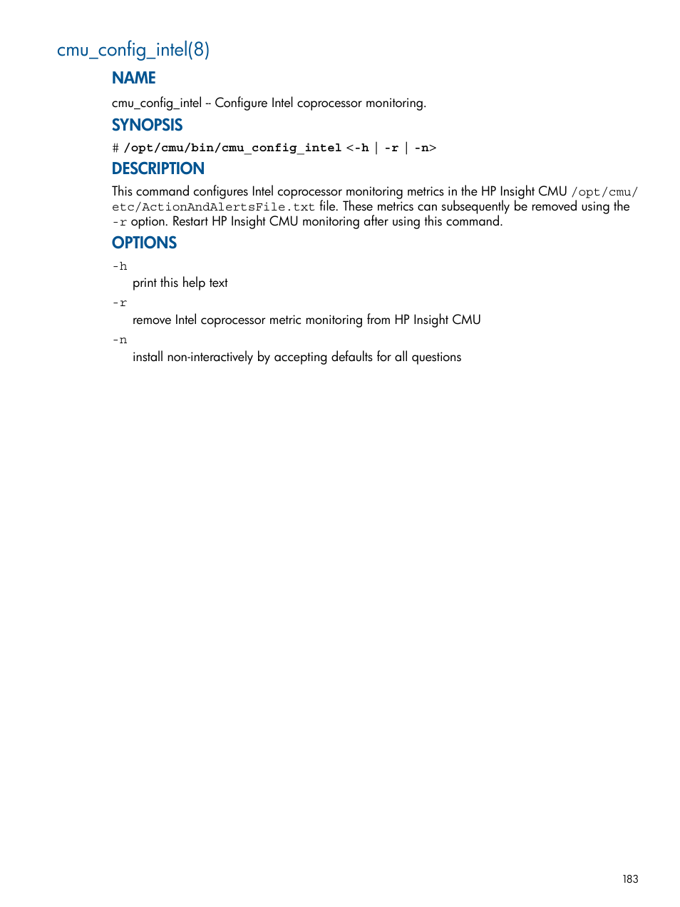 Cmu_config_intel(8), Name, Synopsis | Description, Options | HP Insight Cluster Management Utility User Manual | Page 183 / 191