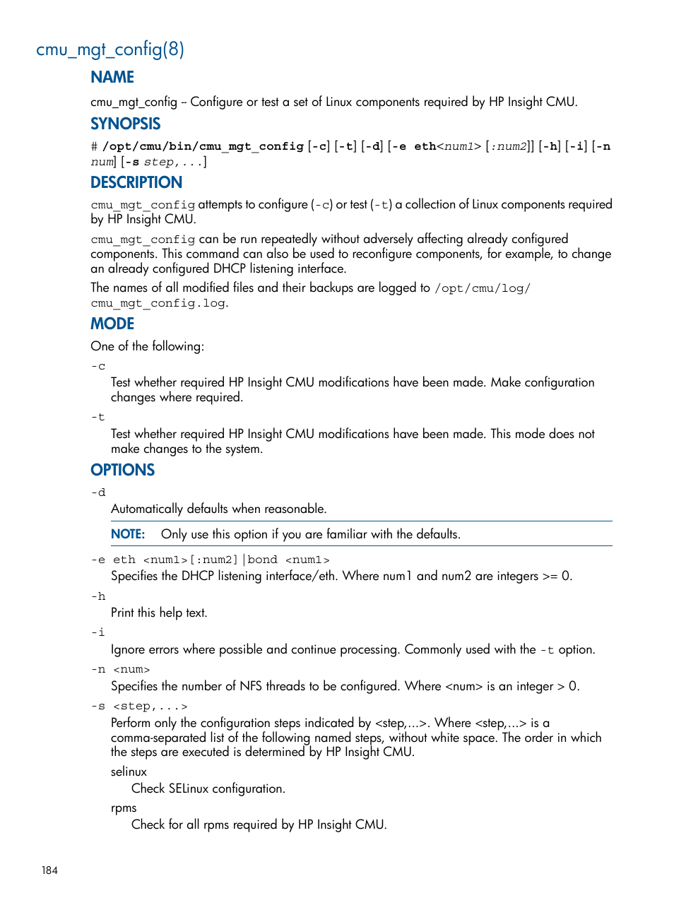 Cmu_mgt_config(8), Name, Synopsis | Description, Mode, Options | HP Insight Cluster Management Utility User Manual | Page 184 / 191